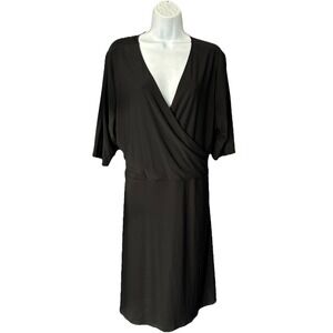Star Vixen Women's 2X Black Mock Wrap Midi Dress Tie Sash Stretch V Neck 3/4 Slv